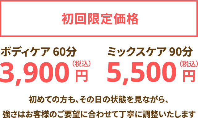 初回限定価格 ボディケア60分 3,900円（税込） ミックスケア90分 5,500円（税込）